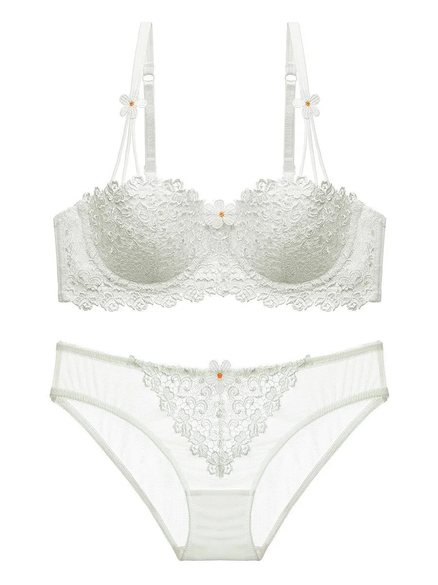 Thin 1/2 half cup bra lace sexy embroidery ladie's underwear bra set