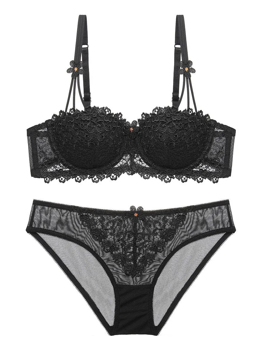 Thin 1/2 half cup bra lace sexy embroidery ladie's underwear bra set