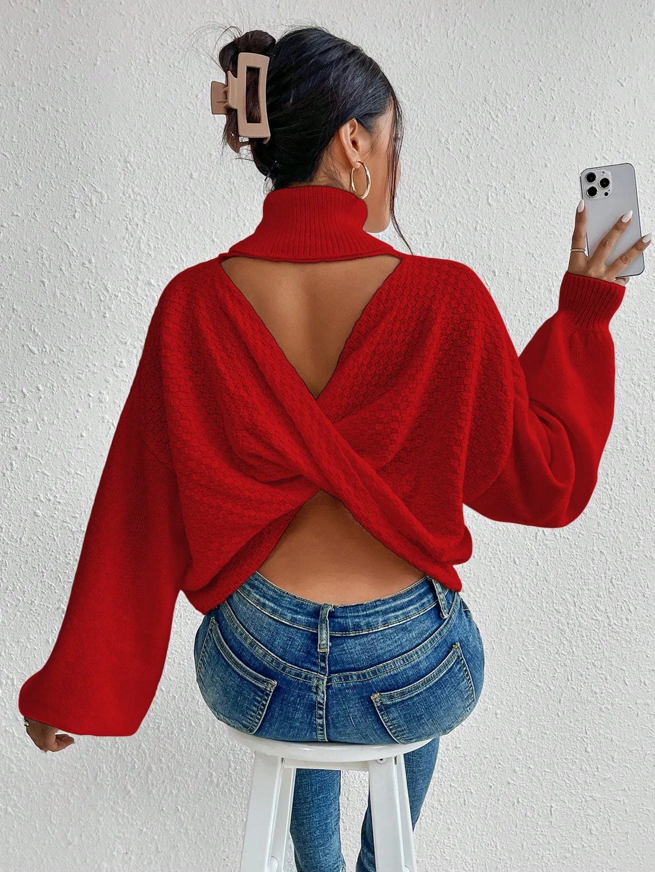 Turtleneck Twist Back Drop Shoulder Sweater