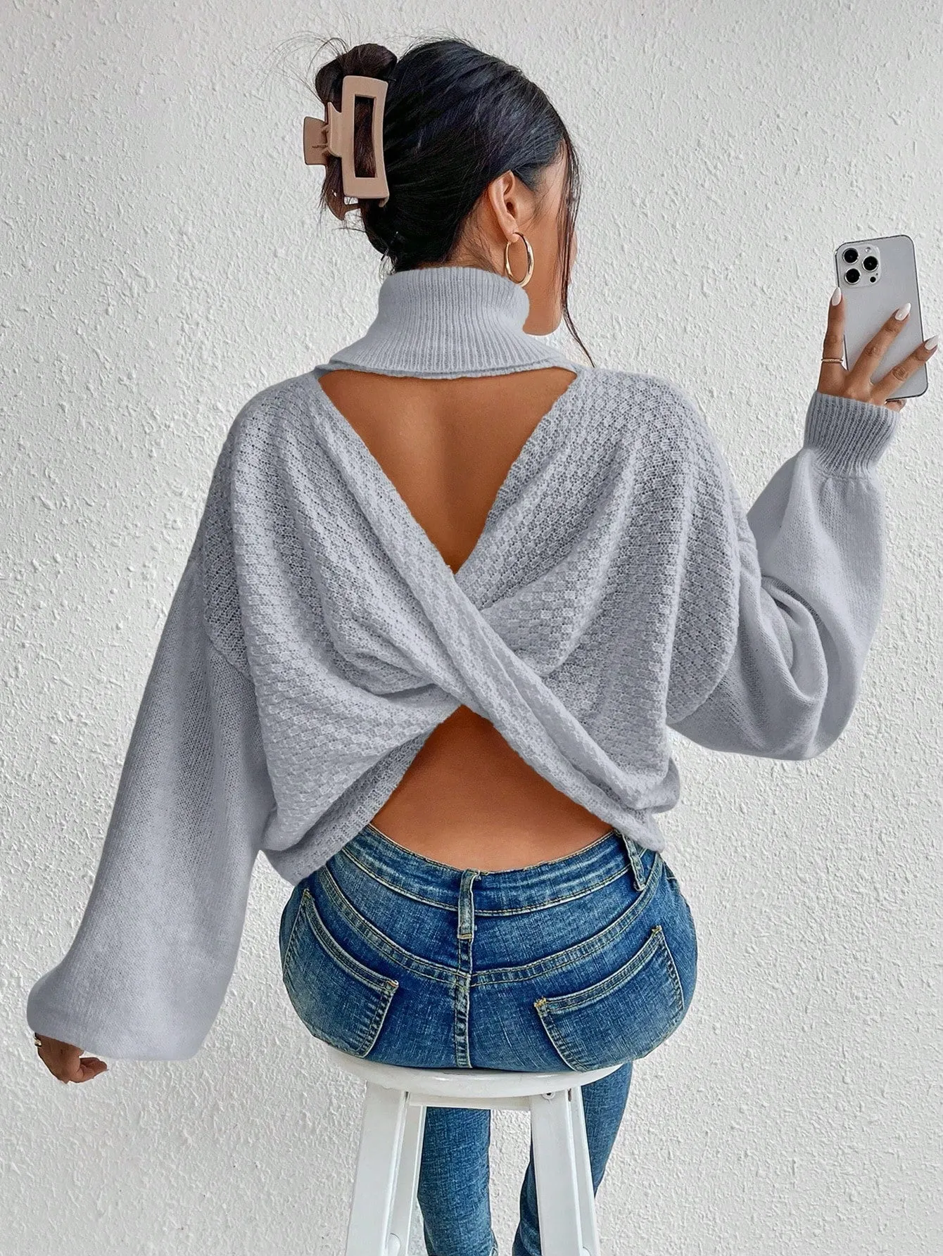 Turtleneck Twist Back Drop Shoulder Sweater