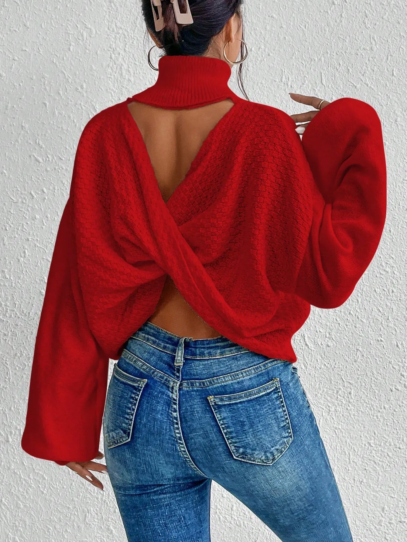 Turtleneck Twist Back Drop Shoulder Sweater