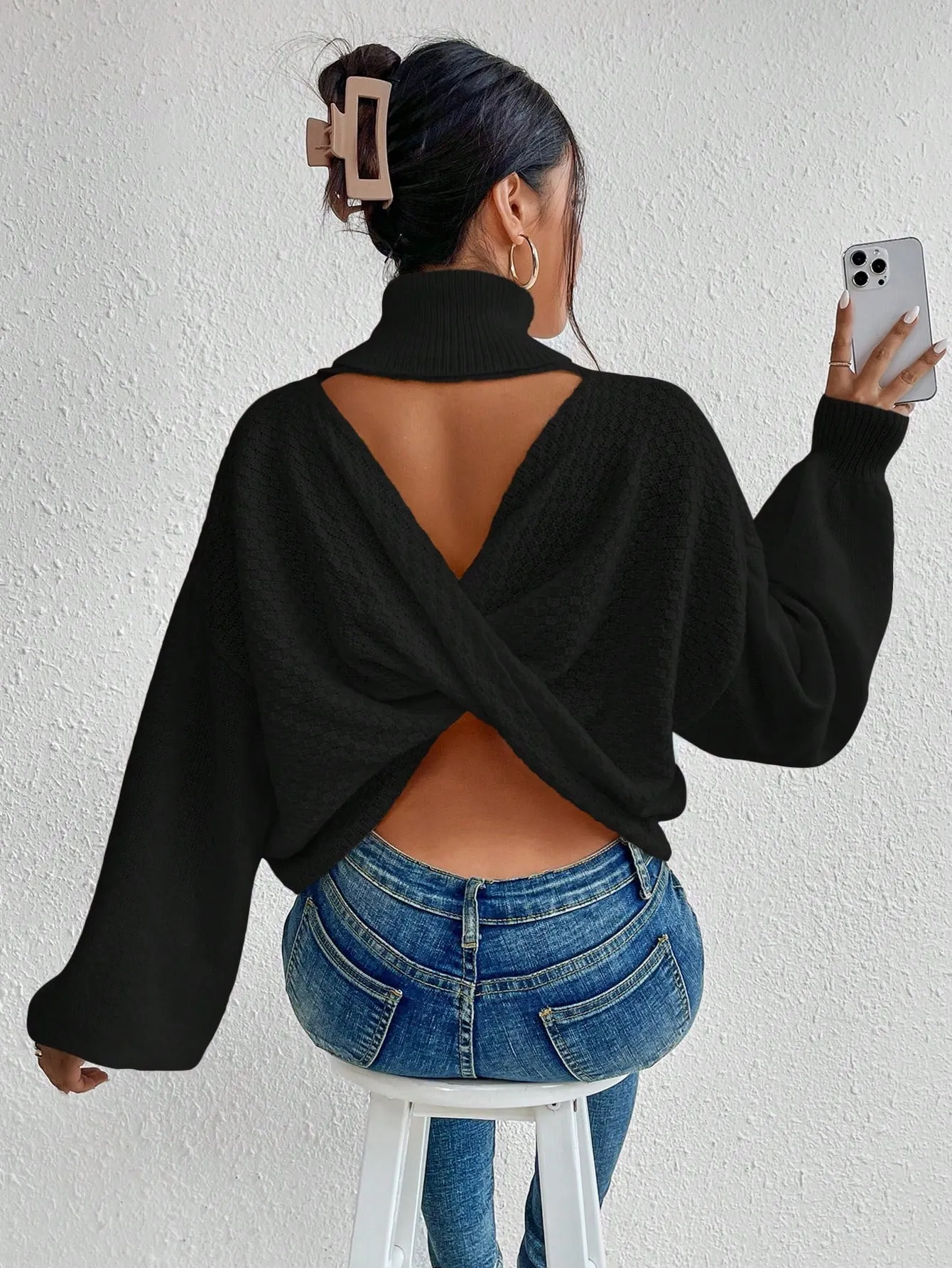 Turtleneck Twist Back Drop Shoulder Sweater