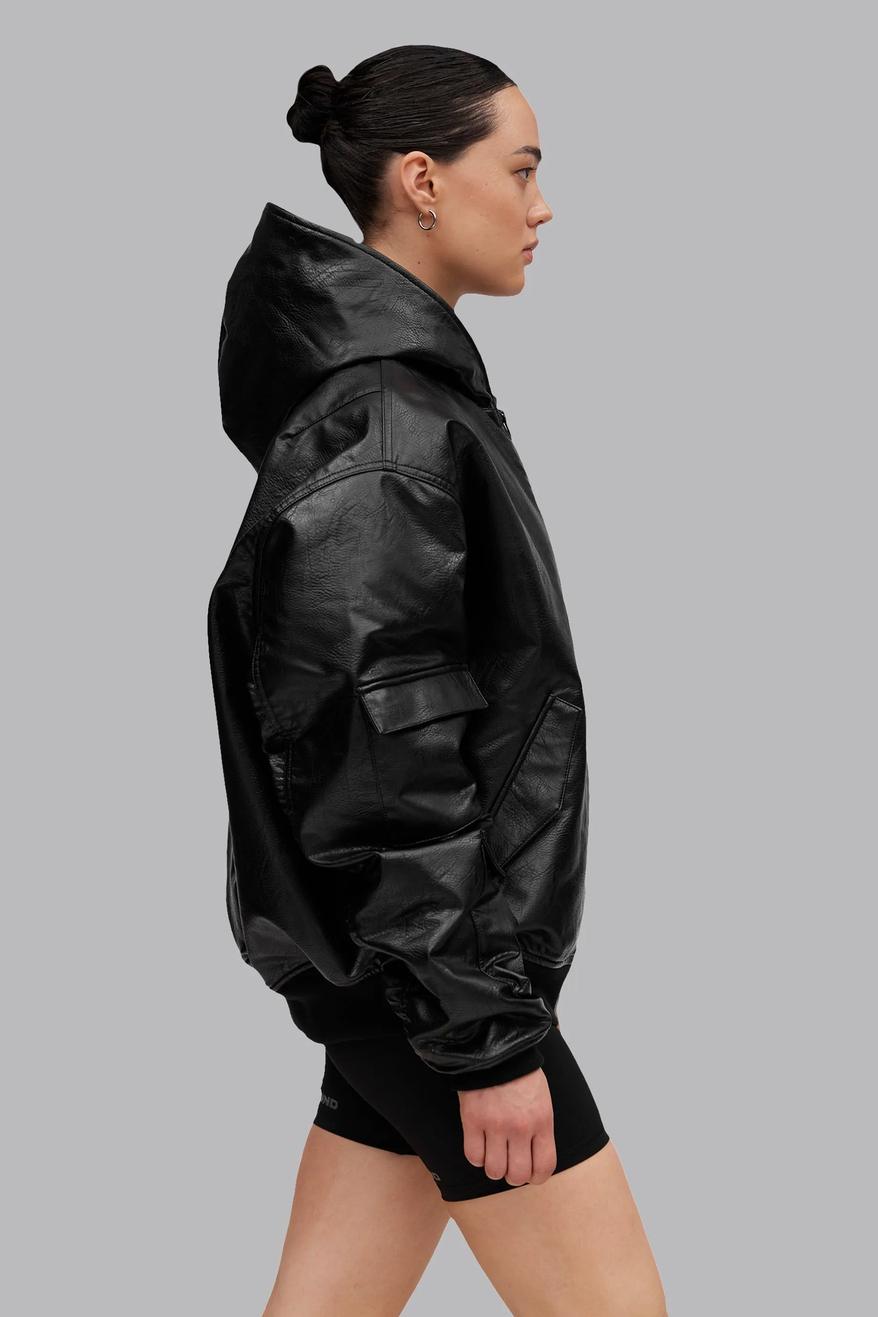 V_GAN LEATHER BOXY BOMBER JACKET - Black